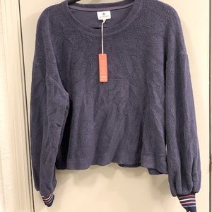 New With Tags! Sundry Dark Blue Sweater with Colorful Sleeve Cuffs Size 0